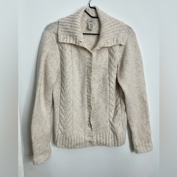 L.L Bean Cable Knit button up wool cotton blend oatmeal sweater - Picture 1 of 8